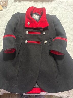 Rothschild Black Wool Pea Coat with Red Trim
